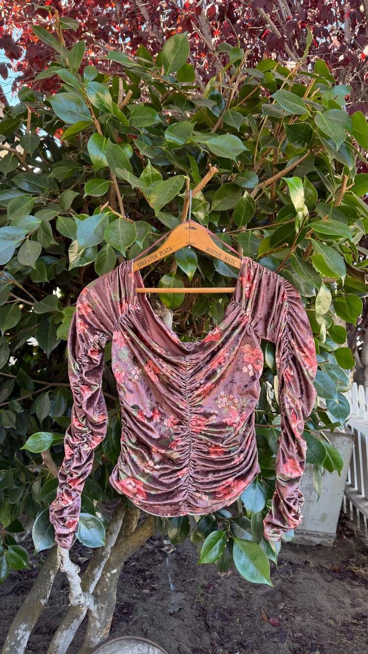 Free People Reina Top Floral Velvet Brown Ruched Off Shoulder Long Sleeve